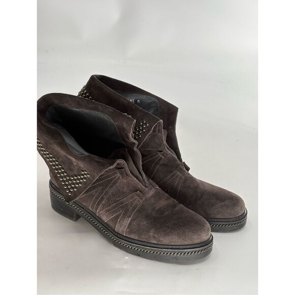 Stuart Weitzman Booties Boots Suede Women Size 8.5‎ Brown Gray Studded Combat - Picture 1 of 10